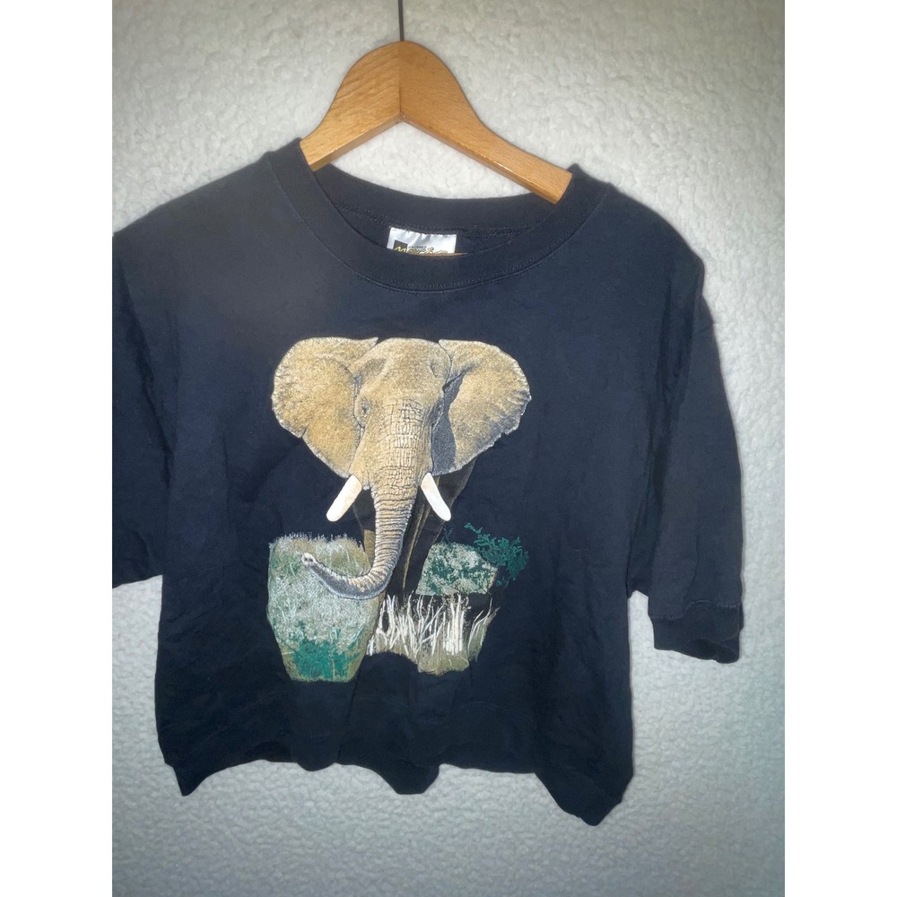 Vintage Jacques Moret‎ Elephant Graphic Short Sleeve crop Navy Blue L USA